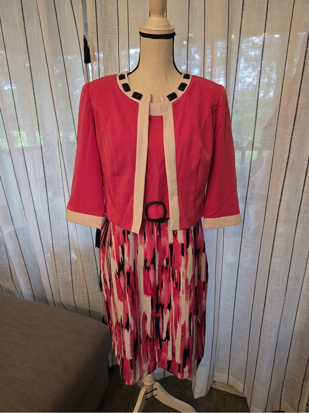 Hot Pink Midi Skirt and Cropped Jacket Set with Cream Trim